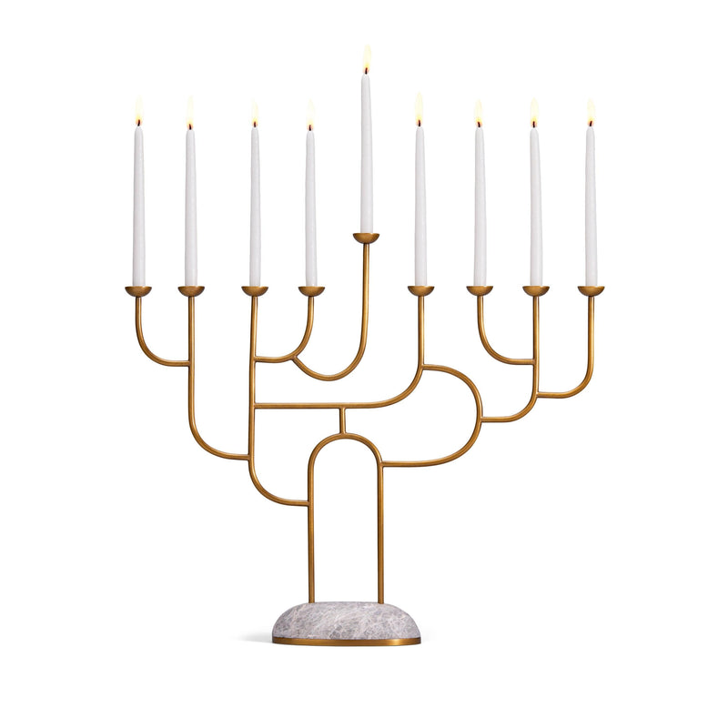 Rova Menorah - brass maze-like candle holders on grey marble and brass base