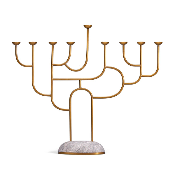 Rova Menorah - brass maze-like candle holders on grey marble and brass base
