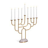 Rova Menorah - brass maze-like candle holders on grey marble and brass base