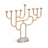 Rova Menorah - brass maze-like candle holders on grey marble and brass base