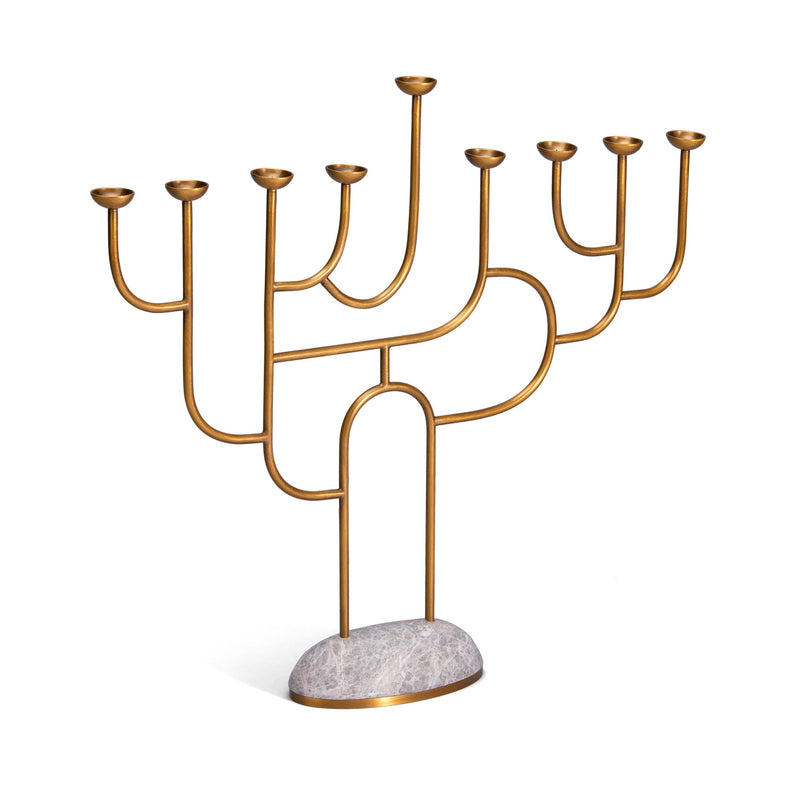 Rova Menorah - brass maze-like candle holders on grey marble and brass base