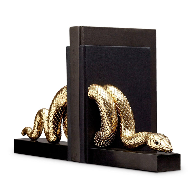 Gold Snake Bookend Set by L'OBJET - Exemplary Workmanship with Hand-Crafted Metals and Porcelain