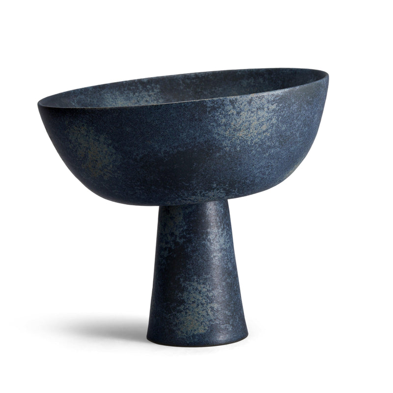 Terra Bowl on Stand - Medium.  A round porcelain bowl on tall stand with a dark mineral glaze.