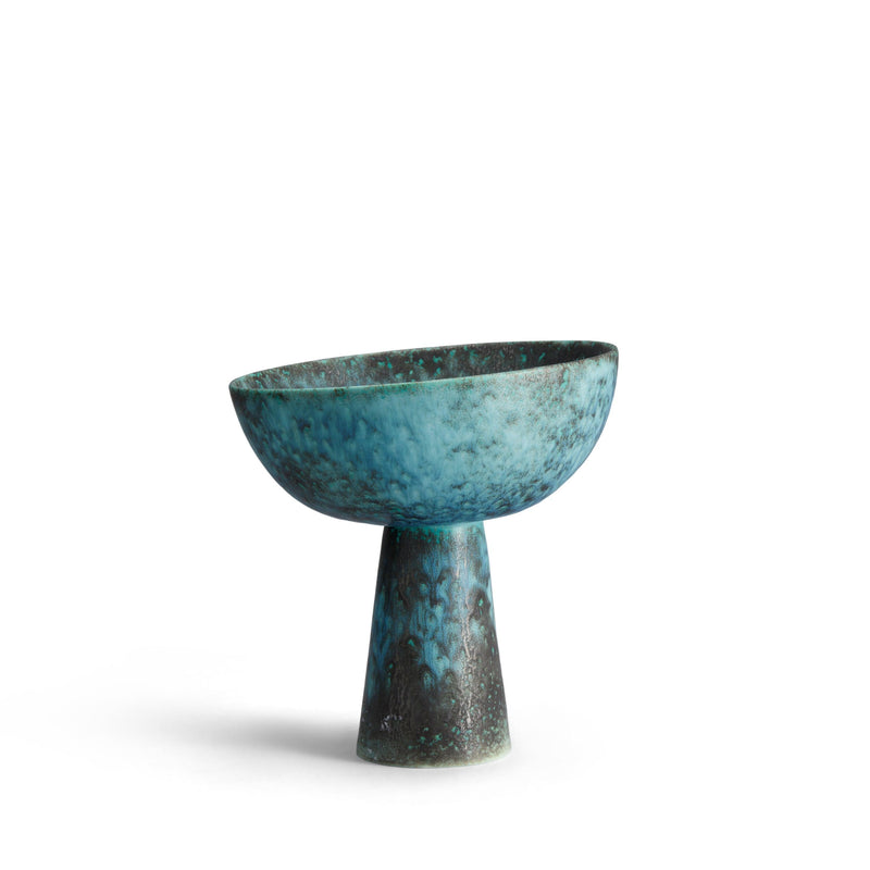 Terra Bowl on Stand - Small. A round porcelain bowl on tall stand with green oxidized glaze.