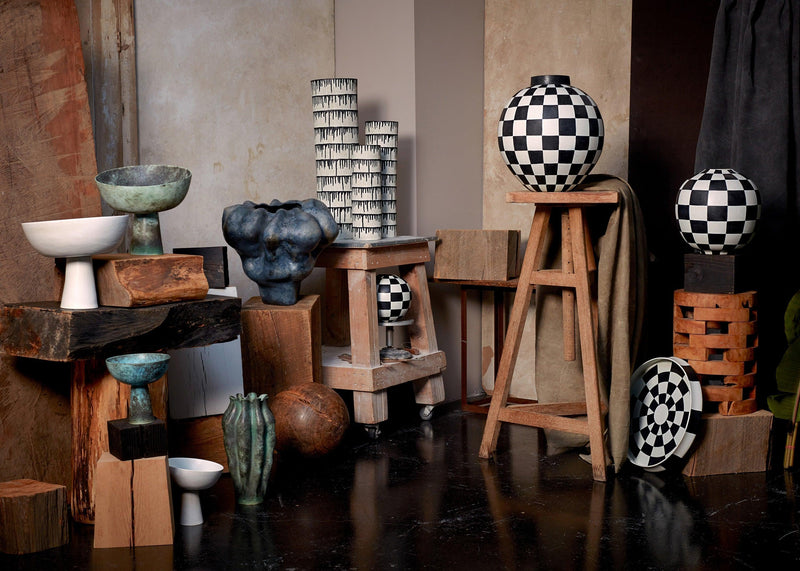 Group of handmade porcelain decorative bowls and vases from Tokasu, Damier and Terra collections.