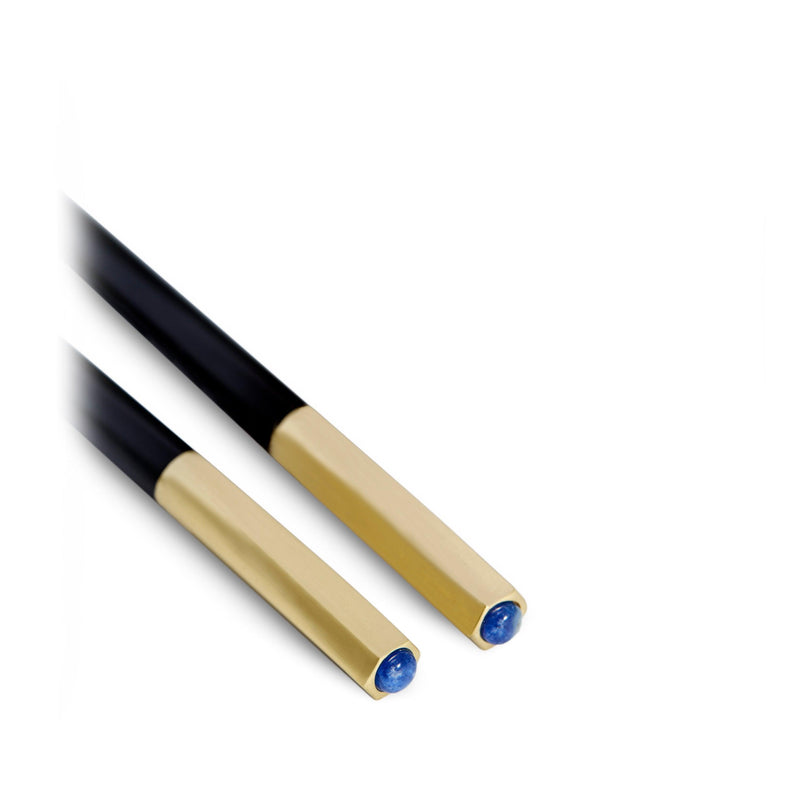 Set of Two Pairs of Zen Chopsticks and Rests - Black and Wood Chopsticks Adorned with Gold Metal and Blue Stones